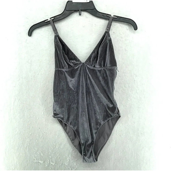 Out From Under UO Bodysuit Women's Sz SP Gray Shayla Velvet Plunging Ribbed - Picture 1 of 11